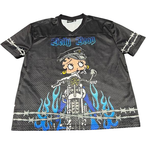 Betty Boop Motorcycle w/ Flames Mesh Jersey T-Shirt Size Medium WORN ONCE - Picture 1 of 4